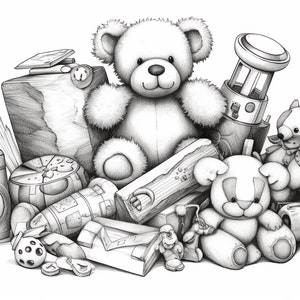 Puede incluir: Un dibujo a lápiz en blanco y negro de una pila de juguetes, que incluye un oso de peluche, una linterna, un animal de peluche y una variedad de otros juguetes.
