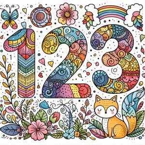 May include: Colorful illustration of the numbers 1, 2, and 3 with intricate patterns and designs. The numbers are surrounded by flowers, butterflies, and a rainbow.