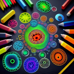 Könnte beinhalten: Ein schwarzer Hintergrund mit bunten, kreisförmigen, abstrakten Designs. Die Designs erinnern an Zellen oder mikroskopische Organismen. Auf dem Hintergrund befinden sich auch farbige Bleistifte.
