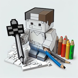 Könnte beinhalten: Eine weiße und braune Pixelfigur, die einen schwarz-weißen Pixel-Stift hält. Die Figur sitzt auf einer weißen Tastatur mit einem blau-schwarzen Stift und einem Satz bunter Stifte in Braun, Rot, Orange, Gelb und Grün.