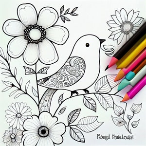 Puede incluir: Un dibujo en blanco y negro de un pájaro posado en una rama con flores. La imagen incluye el texto "Relax!  Palo Loads!"