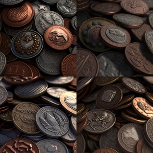 Può includere: Una collezione di monete antiche con vari disegni e metalli. Le monete sono disposte in una pila, mostrando i loro dettagli intricati e la patina invecchiata.