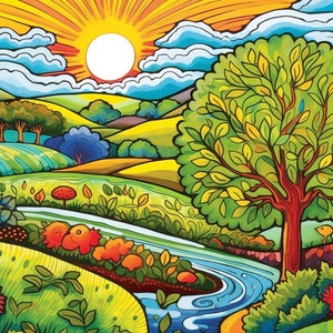 Könnte beinhalten: Eine farbenfrohe Illustration einer sonnigen Landschaft mit sanften Hügeln, einem gewundenen Fluss und einem großen grünen Baum. Der Himmel ist blau mit weißen Wolken und die Sonne scheint hell. Die Szene ist in einem skurrilen Stil mit leuchtenden Farben und kräftigen Linien gemalt.