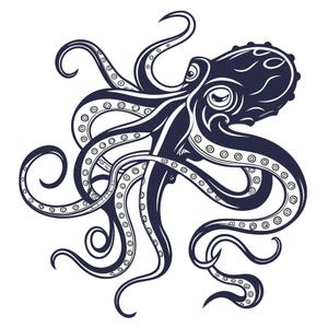 Könnte beinhalten: Detaillierte Illustration eines marineblauen Oktopus vor weißem Hintergrund. Der Oktopus ist mit komplizierten Details dargestellt, einschließlich Saugnäpfen an seinen Tentakeln und dekorativen Mustern auf seinem Kopf. Das Bild ist eine stilisierte Darstellung des Meereslebens.