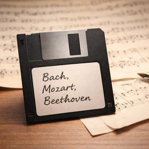 Könnte beinhalten: Eine schwarze Diskette mit einem weißen Etikett mit den Namen "Bach, Mozart, Beethoven". Sie liegt auf einer Holzoberfläche, im Hintergrund sind Noten und ein Stift zu sehen.