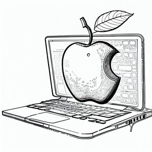 Könnte beinhalten: Eine Schwarzweiß-Zeichnung eines Laptops mit einem angebissenen Apfel auf dem Bildschirm.