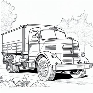 Puede incluir: Un dibujo en blanco y negro de un camión vintage con un remolque de plataforma. El camión tiene una parrilla grande y un capó prominente. El camión está conduciendo por un camino con árboles en el fondo.