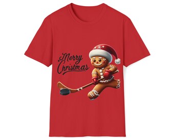 Gingerbread Man Merry Christmas HOCKEY Men's or Women's T-Shirt Hockey Player Hockey Fan Gift Idea Stocking Stuffer Hockey Christmas Shirt