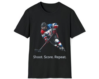 USA HOCKEY Skater Shoot. Score. Repeat. American Flag T-Shirt Hockey Shirt Christmas Gift Hockey Player