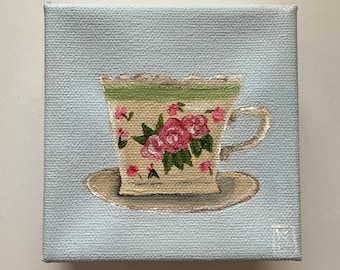 VINTAGE TEACUP Original Painting - Original Acrylic Painting on Canvas - Teacup Life Art - Kitchen Art - Floral Motifs