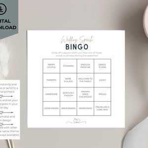 Tarjeta de bingo de discurso de boda moderna para la mesa el día de la boda - Descarga digital