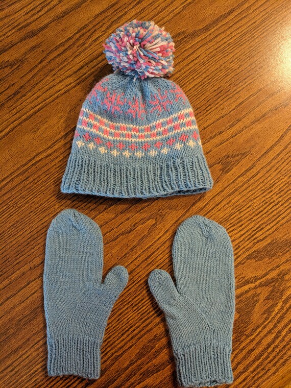 Fair Isle Turquoise, Pink White Knit Lined Hat and Mittens Set