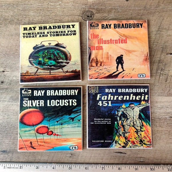 Ray Bradbury Book Cover Drink Coaster Set - 4 Piece Wooden Coaster Set - Literature Decor