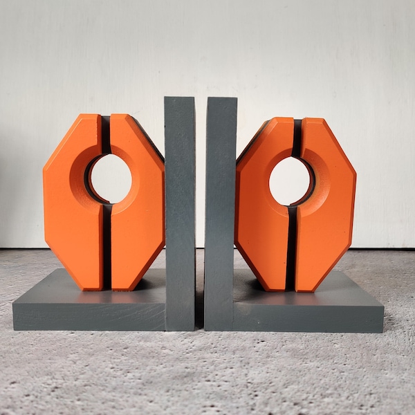 Retro Futuristic Bookends - Sci Fi Brutalist Home Decor - Orange and Dark Gray Decor - Retro Futurism Interior Design - Brutalist Design