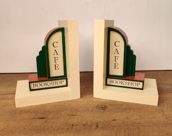 Art Deco Street Sign Inspired Bookends - Cozy Bookshop Sign Bookends - Corner Store Cafe Style - Warm Tone Book Ends - Literature Decor