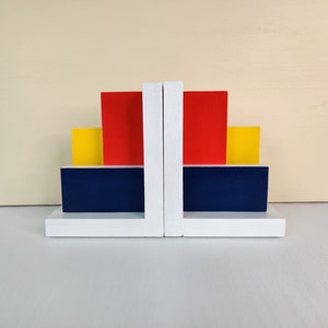 Modern Abstract Bookends | Piet Mondrian Inspired Red, Yellow, and Blue | Hand Painted | Modernist Interior Decor | Colorful Bookends