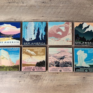 Vintage US National Parks Travel Poster Design Wooden Drink Coasters - See America Series Coaster Set - Retro WPA Style - Cork Backed