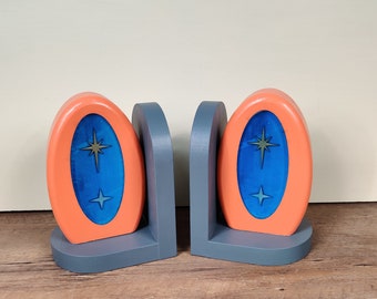 Retro Futurism Bookends - Retro Orange and Gray or Cream - Atomic Starburst Bookends - Colorful Oval MCM Decor - Mid Century Bookends