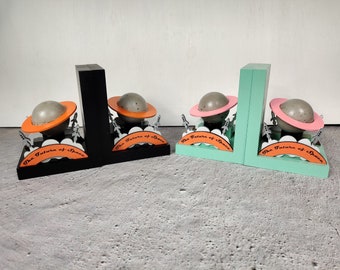 Retro Futurist Space Themed Bookends - Handmade Atomic Age Decor - Mid Century Futurism - Sci Fi Bookends - Orange and Black - Mint and Pink