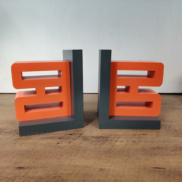 Brutalist Retro Futurism Bookends - Orange and Concrete Gray Bookend - Brutalist Architecture Design - Retro Futurist Interior Design