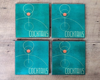 Green Mid Century Cocktail Coasters - Corked Backed Wooden Coasters - Waterproof and Shatterproof - Green Gold and Red - Art Deco