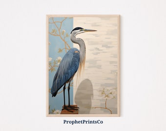 Impresión de garza azul / Arte de la pared costera / Arte de garza azul / Impresiones de aves costeras / Impresión de arte de pájaro garza / Arte de pared imprimible / Descarga digital