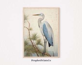 Impresión de garza azul / Arte de la pared costera / Arte de garza azul / Impresiones de aves costeras / Impresión de arte de pájaro garza / Arte de pared imprimible / Descarga digital