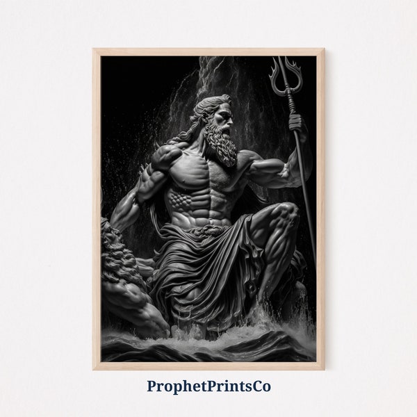 Poseidon Statue Poster Print | Greek God Statue Wall Art | Greece Gift | Black And White Home Décor | Printable Wall Art | Digital Download