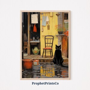 Vintage Cat Art Poster Print | Whimsical Cat Wall Art | Black Cat Painting | Black Cat Home Décor | Printable Wall Art | Digital Download