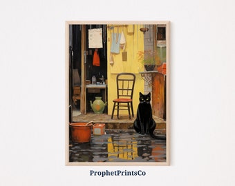 Vintage Cat Art Poster Print | Whimsical Cat Wall Art | Black Cat Painting | Black Cat Home Décor | Printable Wall Art | Digital Download