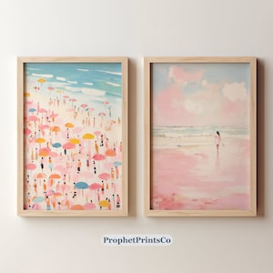 Set Of 2 Pink Beach Painting Prints | Girly Apartment Decor | Preppy Pink Beach Art | Coastal Decor | Digital Download | Printable Wall Art