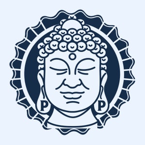 K&ouml;nnte beinhalten: Eine Schwarzwei&szlig;-Zeichnung eines Buddha-Gesichts mit geschlossenen Augen, einem Punkt auf der Stirn und dem Buchstaben "P" an jedem Ohrl&auml;ppchen. Das Gesicht ist von einem kreisf&ouml;rmigen Design mit einem gewellten Rand umgeben.