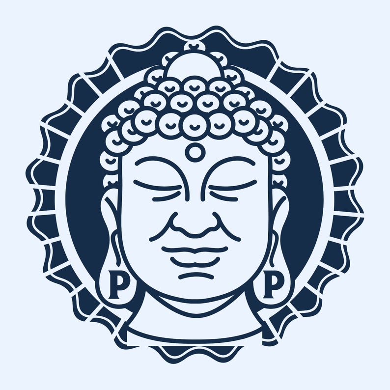 K&ouml;nnte beinhalten: Eine Schwarzwei&szlig;-Zeichnung eines Buddha-Gesichts mit geschlossenen Augen, einem Punkt auf der Stirn und dem Buchstaben "P" an jedem Ohrl&auml;ppchen. Das Gesicht ist von einem kreisf&ouml;rmigen Design mit einem gewellten Rand umgeben.