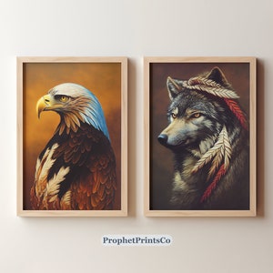 SET OF 2 Native Animal Art Poster Prints | Native Wolf Wall Art | Animal Lover Gift | Native Eagle Home Décor | Digital Printable Wall Art