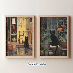 Set Of 2 Black Cat Poster Prints | Gallery Wall Set | Vintage Cat Painting | Cute Kitten Home Décor | Digital Download | Printable Wall Art