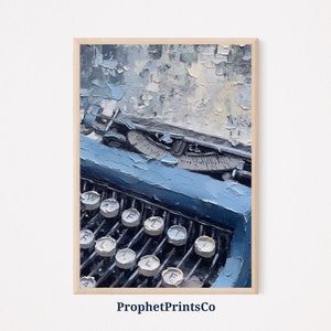 May include: A close-up of a blue vintage typewriter with white keys. The typewriter is painted in a textured style, with visible brushstrokes. The keys are labeled with letters, including "W", "A", "T", "F", "I", "L", and "R".