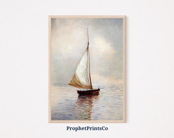 Gedämpftes Segelboot Poster Print | Haus am See Wandkunst | Vintage Küsten Geschenk | Blaues nautisches Wohndekor | Druckbare Wandkunst | Digitaler Download