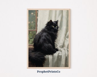 Black Cat Art Print | Dark Academia Decor | Cute Black Cat Gift | Black Cat Poster | Cat Wall Art | Printable Wall Art | Digital Download