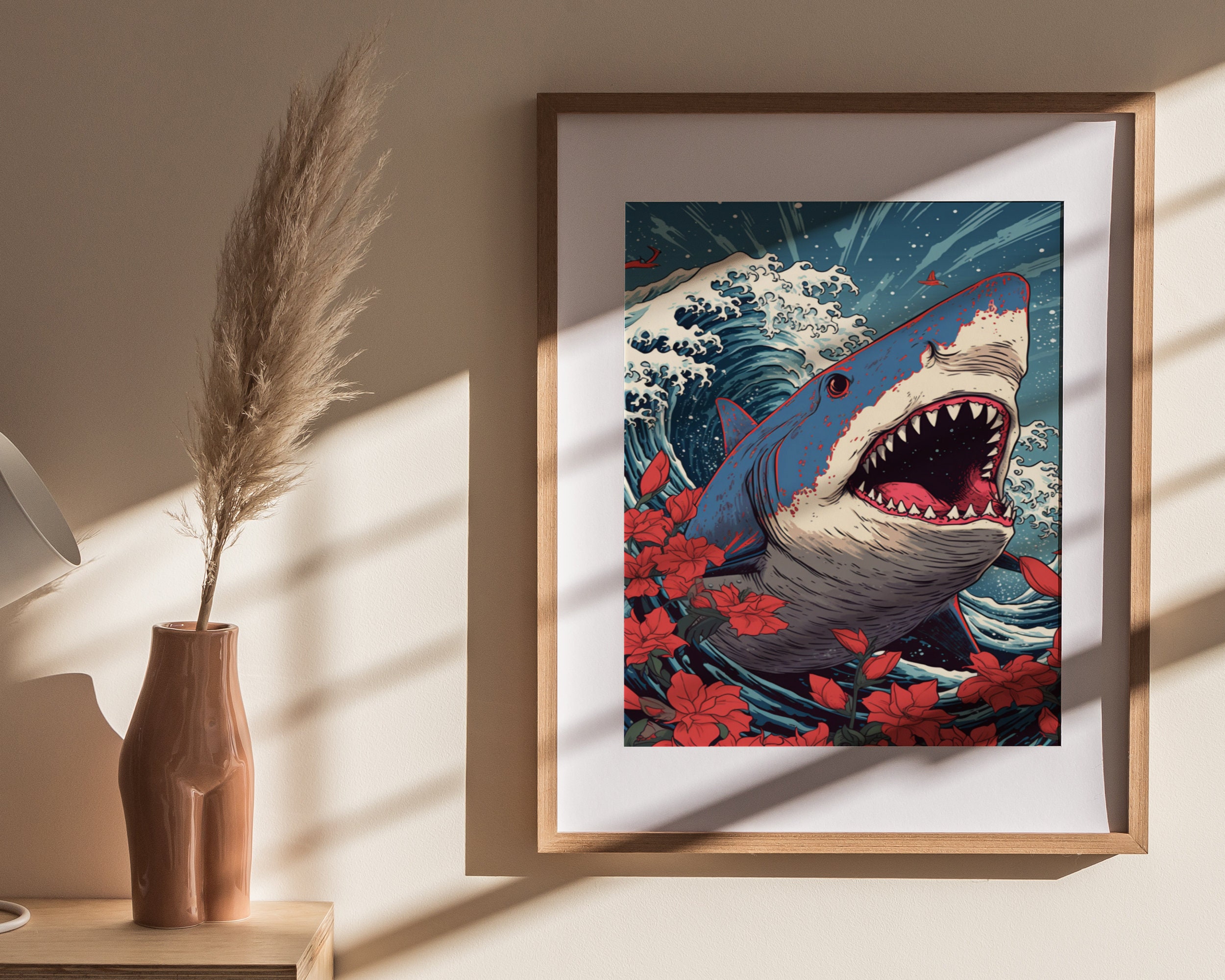 Japanese Shark Poster Print | Colorful Shark Wall Art | Japan Pop