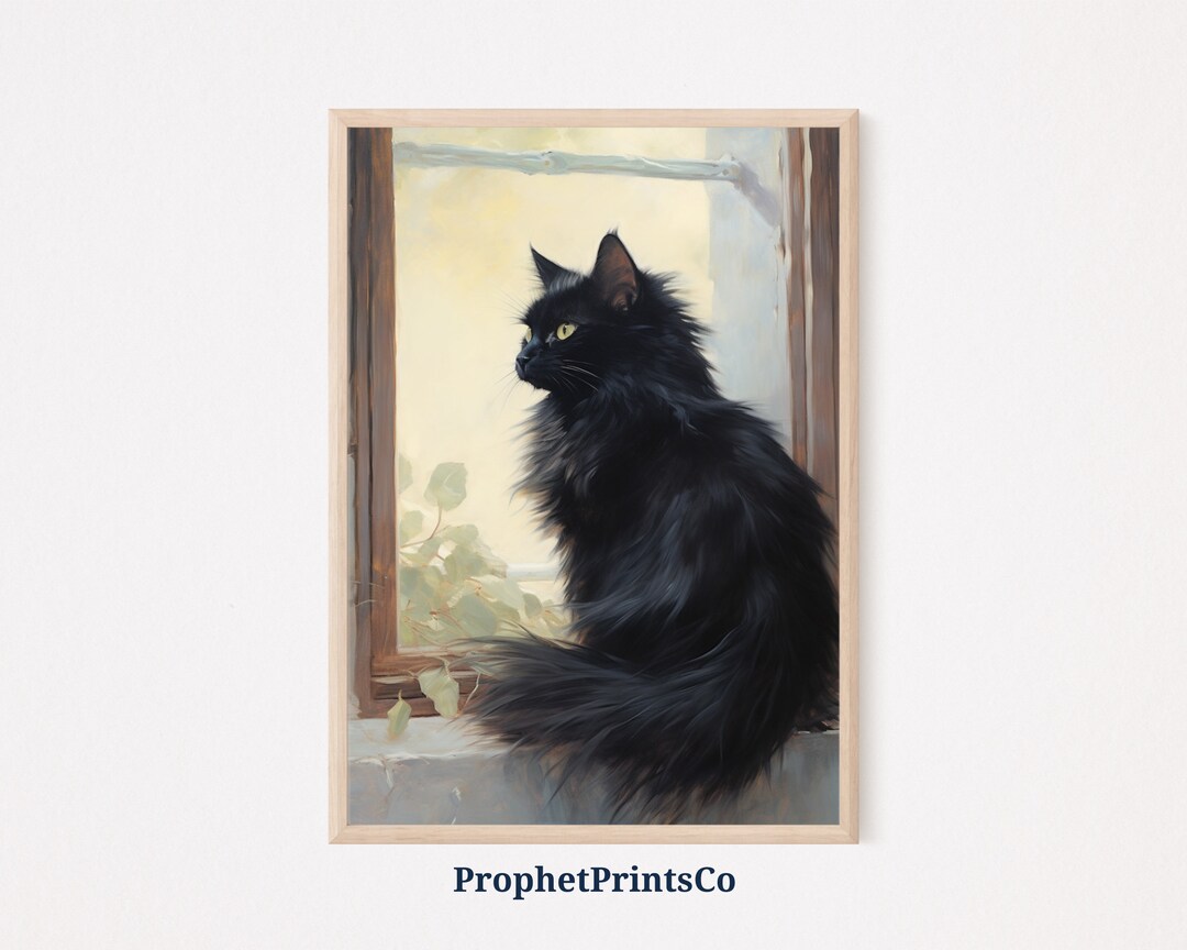 Black Cat Art Print | Dark Academia Decor | Cute Black Cat Gift | Black ...
