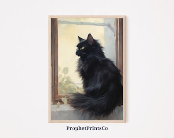 Black Cat Art Print | Dark Academia Decor | Cute Black Cat Gift | Black Cat Poster | Cat Wall Art | Printable Wall Art | Digital Download