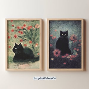 SET OF 2 Black Cat Poster Prints | Black Cat Painting Wall Art | Cat Lover Gift | Black Cat Home Décor | Digital Printable Wall Art
