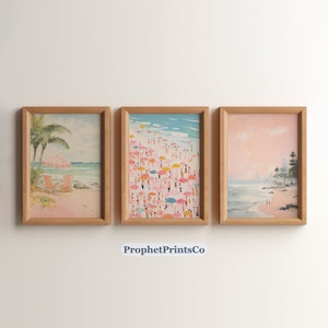 Set Of 3 Pink Beach Painting Prints | Girly Apartment Decor | Preppy Pink Beach Art | Coastal Decor | Digital Download | Printable Wall Art