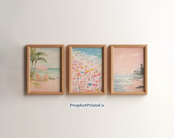 Set Of 3 Pink Beach Painting Prints | Girly Apartment Decor | Preppy Pink Beach Art | Coastal Decor | Digital Download | Printable Wall Art