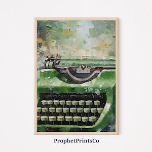 May include: A vintage green typewriter with a worn, textured surface. The keys are visible and the carriage return lever is in the up position.