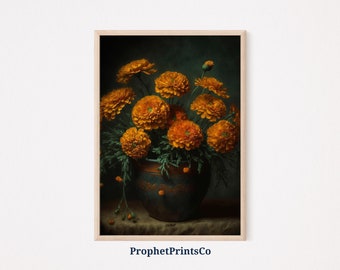 Marigold Poster Print | Botanical Wall Art | October Birth Flower Gift | Moody Floral Home Décor | Printable Wall Art | DIGITIAL DOWNLOAD