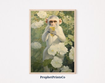 May include: A framed print featuring a white monkey holding a champagne flute, surrounded by white flowers and green foliage. The artwork has a vintage aesthetic. The text "ProphetPrintsCo" is at the bottom.
