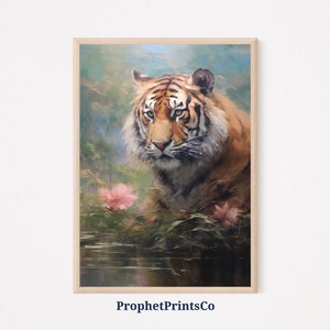 ソフトトーンの虎の絵画プリント | ジャングル動物のウォールアート | 熱帯雨林のアートワーク | 大きな猫の室内装飾 | 印刷可能なウォールアート | デジタルダウンロード