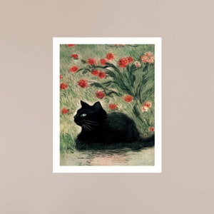 K&ouml;nnte beinhalten: Eine schwarze Katze mit gr&uuml;nen Augen liegt in einem Feld mit roten Blumen. Die Katze schaut nach links aus dem Bild. Die Blumen sind in einer stilisierten Art und Weise gemalt, mit dicken Strichen in Rot und Gr&uuml;n.