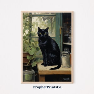 Vintage Cat Art Poster Print | Whimsical Cat Wall Art | Black Cat Painting | Black Cat Home Décor | Printable Wall Art | Digital Download